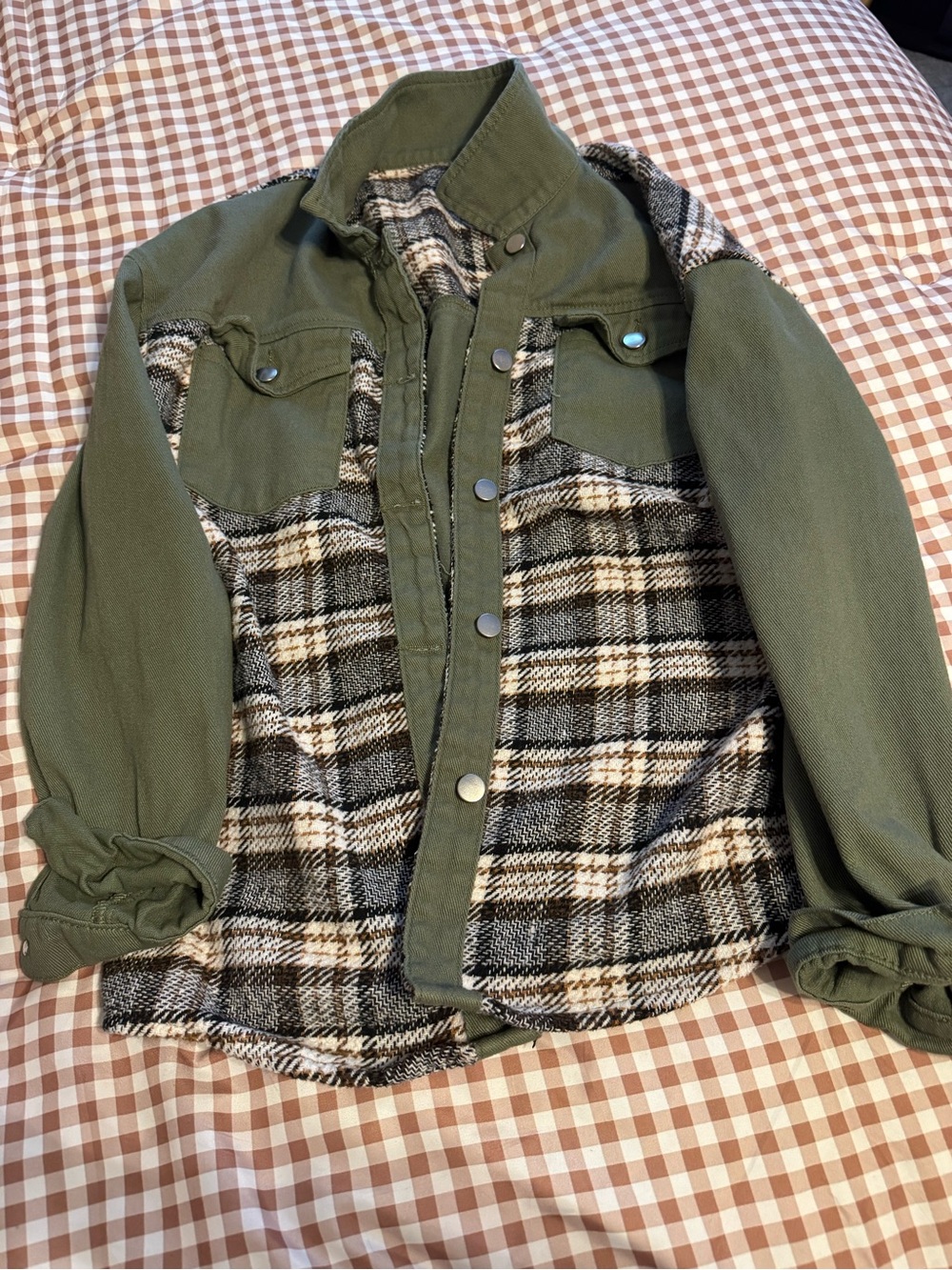 SHEIN Olive Green & Black Plaid Shacket